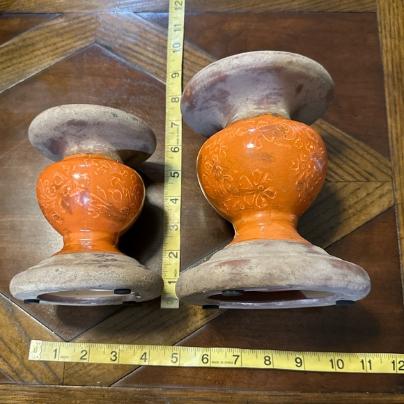 Rustic Ceramic Candle Holders – Set of 2 Orange & Tan Pillar Holders - Picture 3 of 3